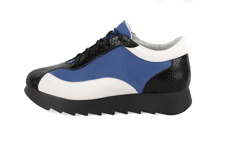 Satin black, electric blue and off white women's elegant sneakers. Round toe. Low rubber soles. Profile view - Florence KOOIJMAN